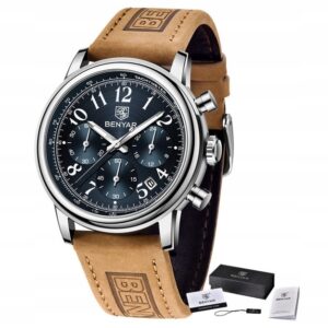 Zegarek męski na skórzanym brązowym pasku Benyar BY5190 srebrny niebieski