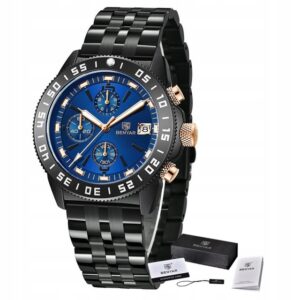 Zegarek męski na bransolecie Benyar BY5198 czarny niebieski bransoleta