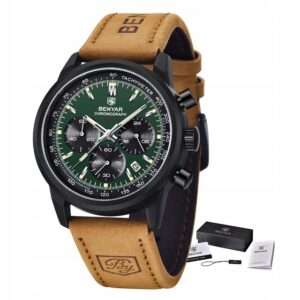 Zegarek męski na skórzanym czarnym pasku Benyar BY5188 czarny zielony