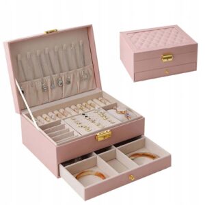 Szkatułka na biżuterię pudełko organizer kuferek różowy 2-warstwowy