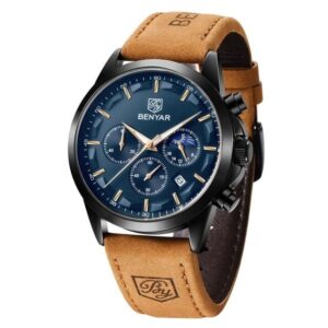 Zegarek męski na skórzanym brązowym pasku Benyar Excellence czarno granatowy