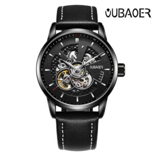 Zegarek męski mechaniczny na skórzanym czarnym pasku Oubaoer Primera czarny