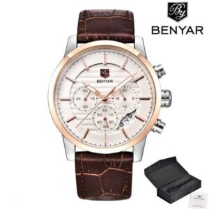 Elegancki zegarek męski na skórzanym brązowym pasku Benyar Royal złoty biały BY5104