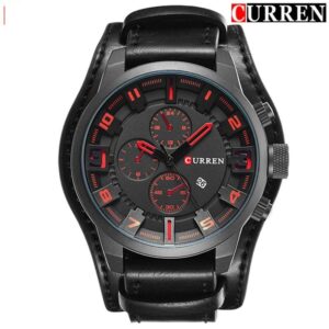 Zegarek męski na skórzanym czarnym pasku Curren Grizzly czarny czerwony