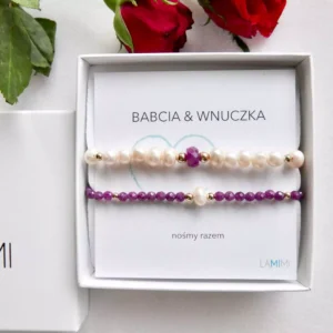 Zestaw elastycznych bransoletek z perłą i rubinem
