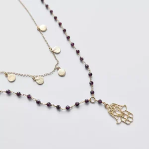 Naszyjnik podwójne łańcuszki różaniec z hamsą