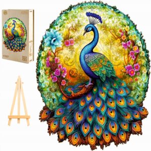 PUZZLE DREWNIANE DUŻE 290 ELEMENTÓW KOLOROWY PAW W DREWNIANYM PUDEŁKU