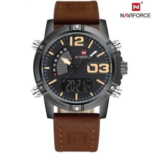 Zegarek męski na skórzanym brązowym pasku NaviForce Top brązowy żółty