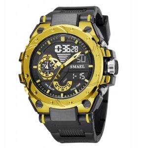 Czarny zegarek męski na pasku militarny sportowy Smael 8060 złoty