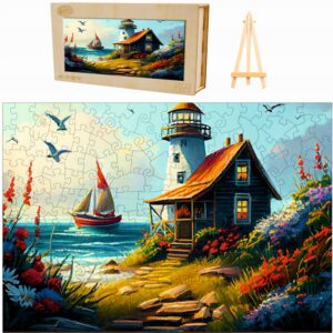 PUZZLE DREWNIANE DUŻE 262 ELEMENTY DOM LATARNIKA W DREWNIANYM PUDEŁKU