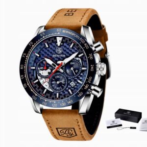 Zegarek męski na skórzanym brązowym pasku Benyar 5175 srebrny niebieski