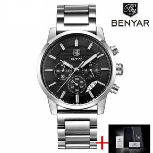 Zegarek męski na skórzanym czarnym pasku Benyar Royal Steel Czarny