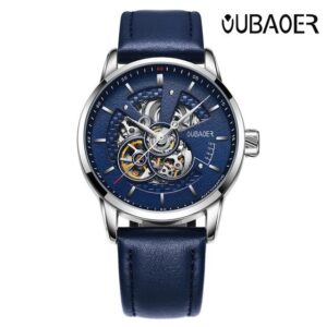 Zegarek męski mechaniczny na skórzanym niebieskim pasku Oubaoer Primera niebieski