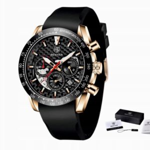 Zegarek męski na silikonowym czarnym pasku Benyar 5175 złoty czarny czarny silikonowy pasek