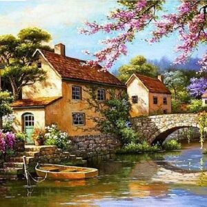 HAFT DIAMENTOWY DOMKI NAD RZEKĄ DIAMOND PAINTING MOZAIKA DIAMENTOWA ZESTAW 5D 40X30 DP234