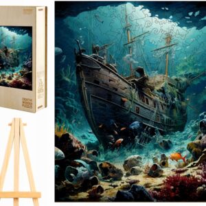 PUZZLE DREWNIANE DUŻE 300 ELEMENTÓW WRAK STATKU W DREWNIANYM PUDEŁKU