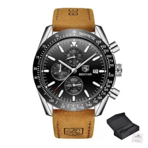 Zegarek męski elegancki na skórzanym brązowym pasku Benyar Speedmaster srebrny czarny